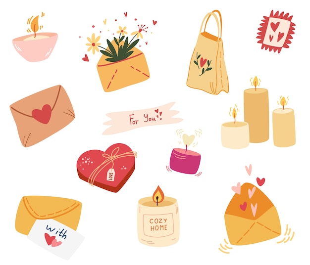 Various Envelopes with mail, postmarks, candles, handmade cards. Decorative wax candles for relax and spa. Love Message collection. Hand draw vector illustration.