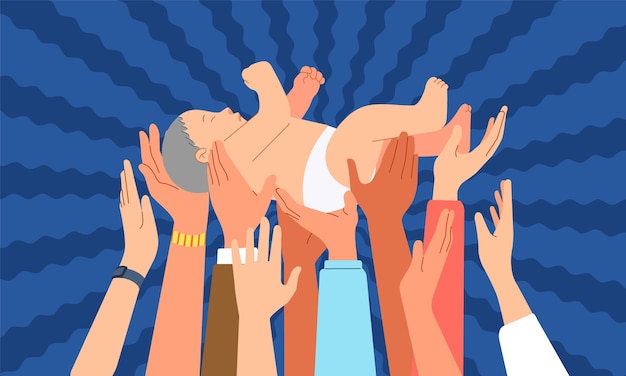 Various ethnicities raised lift hand holding a newborn baby as a symbol of new hope for equality