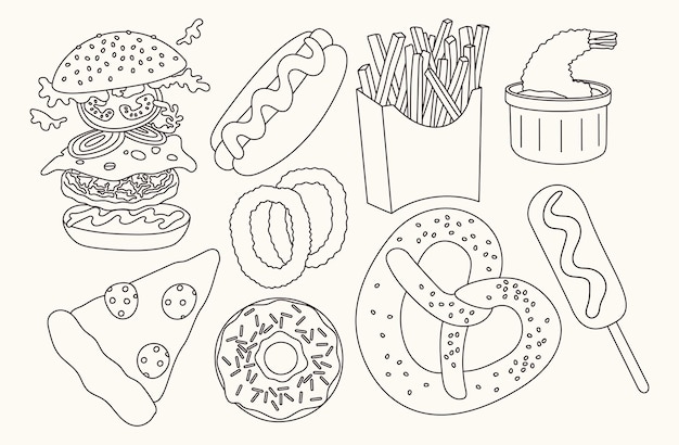 Various fast food outline hand drawn set