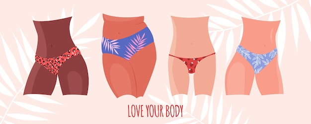 Various Female Figures Of Different Nationalities In Panties. Bodypositive concept.