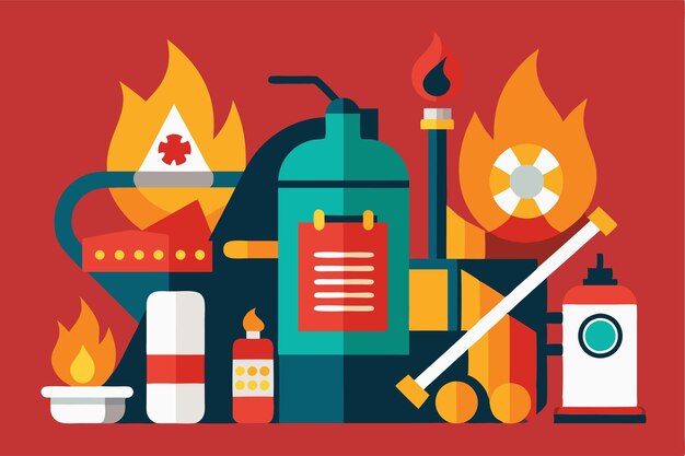 Vector various fire prevention tools illustrated with flames emphasizing the importance of safety preparedness fire prevention with customizable and disproportionate illustration