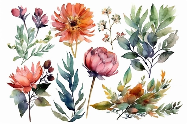 Various flowers leaves watercolor painting Abstract background