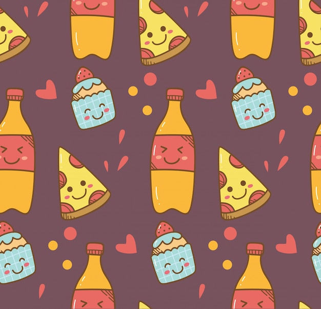 Various food in kawaii style background