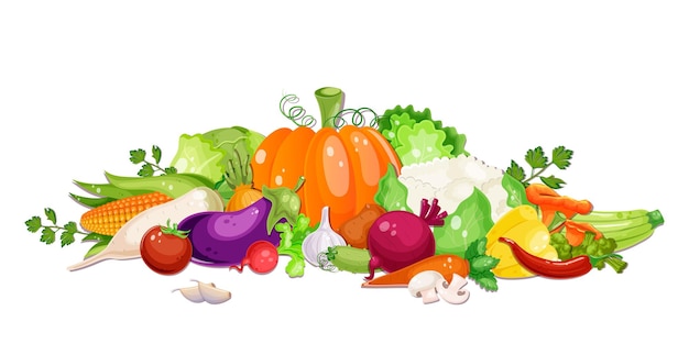 Various fresh vegetables Healthy vegetarian food Collection of pepper pumpkin carrot mushroom tomato potato corn plants Vitamin diet autumn harvest White background Vector illustration