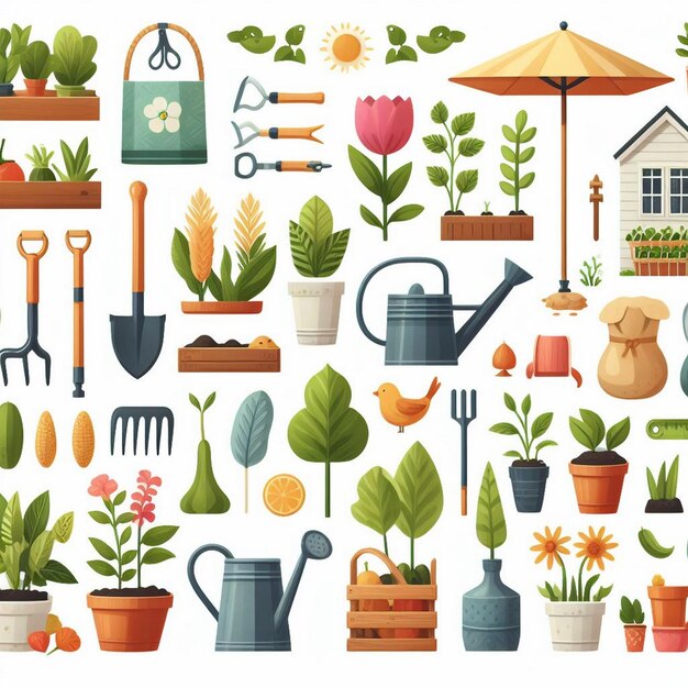 Various garden element set flat illustration