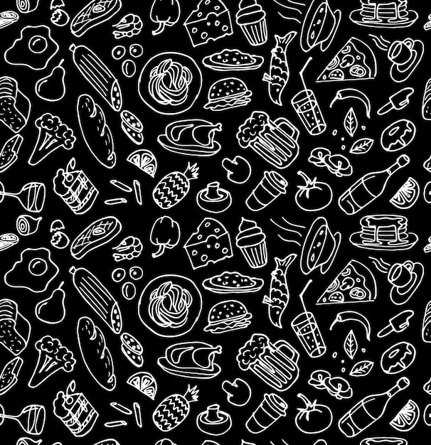 Various hand drawn food cookery dishes doodle outline white chalk sketch seamless pattern on black