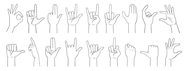 Various hand gestures, hand signs, hand drawn with a line. Vector illustration isolated on white.