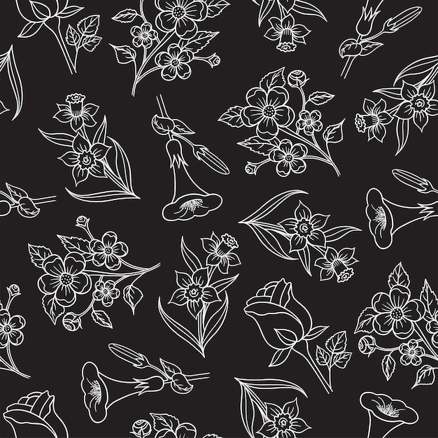 Various handdrawn vector flowers set seamless patterns on black background