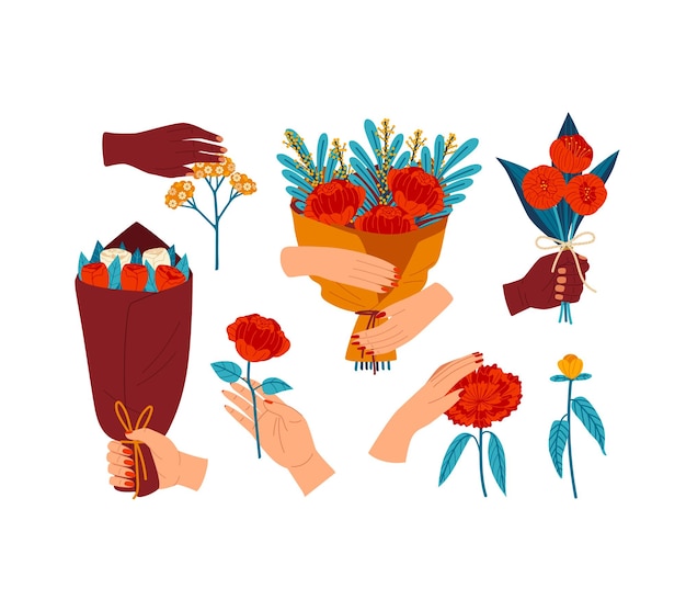 Vector various hands holding different bouquets of flowers single flowers with leaves floral gifts and