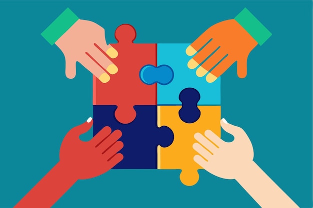 Vector various hands join together to fit colorful puzzle pieces in a collaborative assembly effort on a blue background hands holding puzzle piece