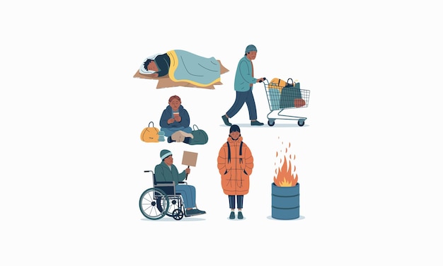 Vector various homeless individuals in different situations including sleeping and begging