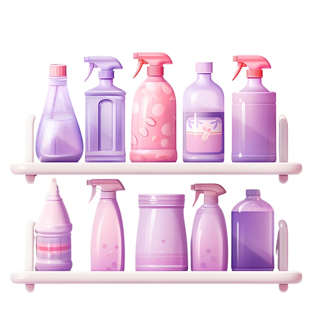 Various household cleaning supplies on white background