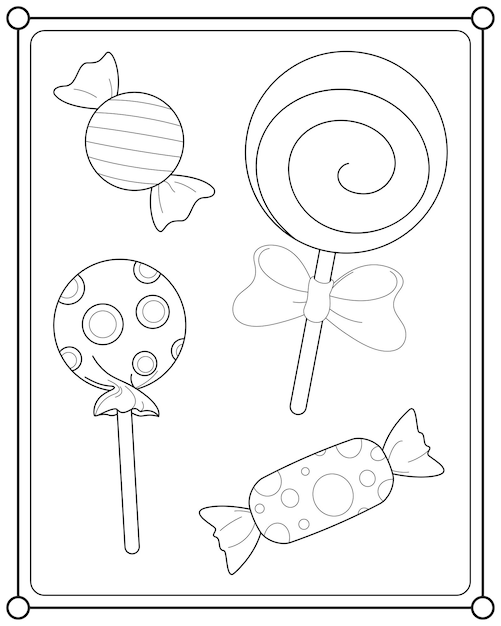 Various kinds of candy suitable for children's coloring page vector illustration