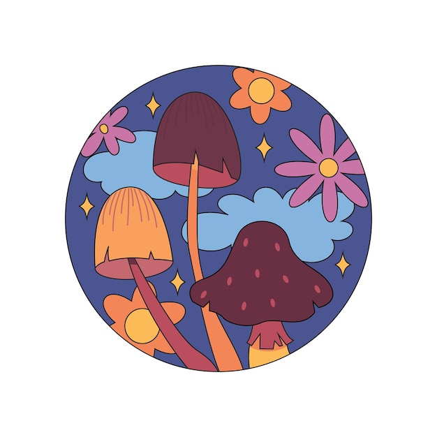 Various magic hallucinogenic mushrooms Fantasy cute elements Retro cartoon mushrooms on the grass Modern design pin icon sticker Hippie style Vector flat illustration on an isolated background