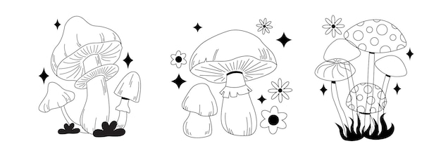 Various magic hallucinogenic mushrooms Fantasy cute elements Retro outline mushrooms on the grass Line design Hippie style Vector flat illustration on an isolated background