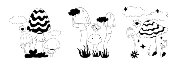 Various magic hallucinogenic mushrooms Fantasy cute elements Retro outline mushrooms on the grass Line design Hippie style Vector flat illustration on an isolated background