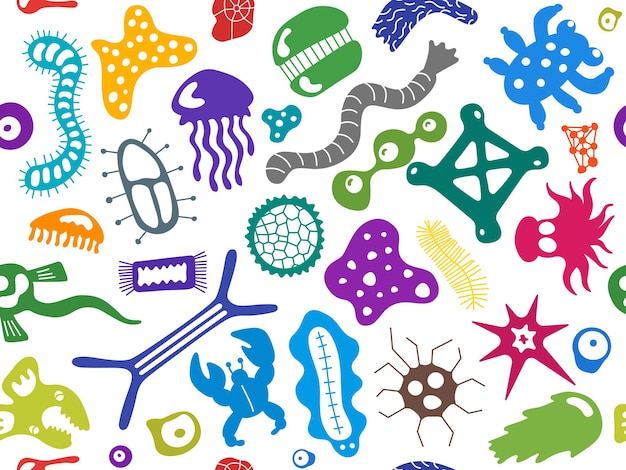 Various microorganisms seamless pattern. Backdrop with infectious germs, protists, microbes, disease causing bacteria, viruses. Biodiversity plankton. Colorful vector illustration for wallpaper