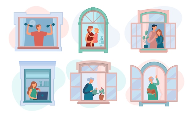 Various modern people in windows at home