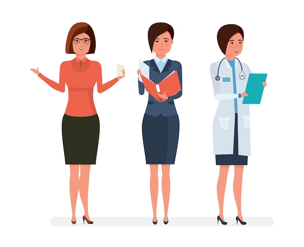 Various modern women's professions Teacher businesswoman hospital doctor