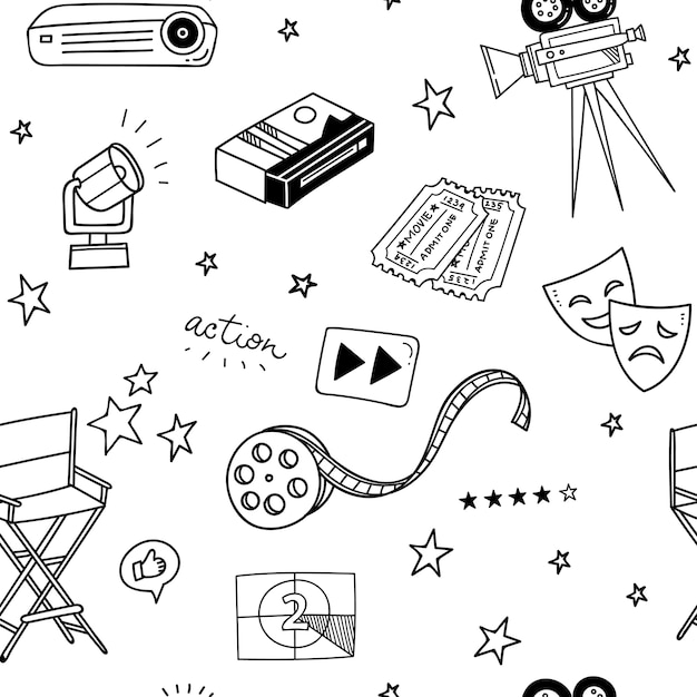 Various movie stuff doodle seamless background