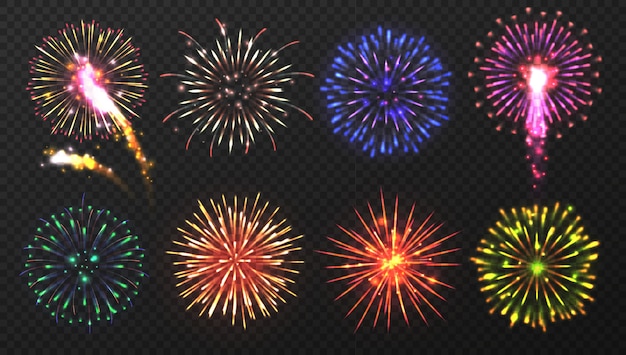 Various multicolored firework explosions with shining sparks