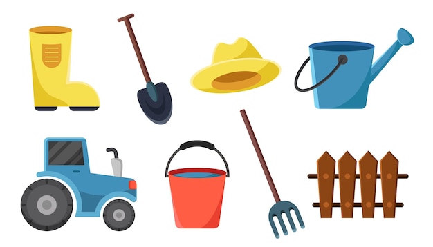 Vector various object for farmer with yellow boots, shovels, hats, tractors, watering can, buckets, rakes and wooden fences in cartoon styles, vector illustration