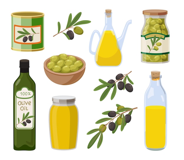 Vector various olive products cartoon illustration set. olives in tinned cans and glass jars, extra virgin olive oil on white background. organic food, home pantry concept