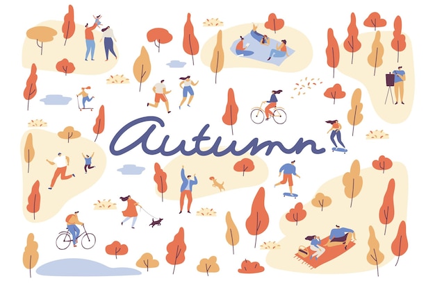 Various people in autumn park vector background Autumn landscape