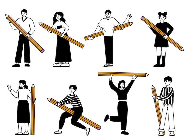 Various people with a large pencil funny young students holding writing or painting of giant pencils