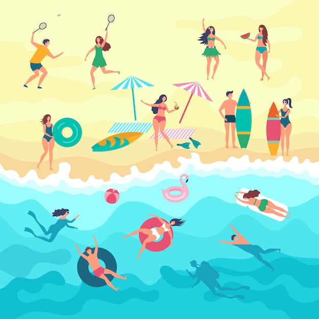 Vector various peoples male, female and kids playing on the beach. summer outdoor activities