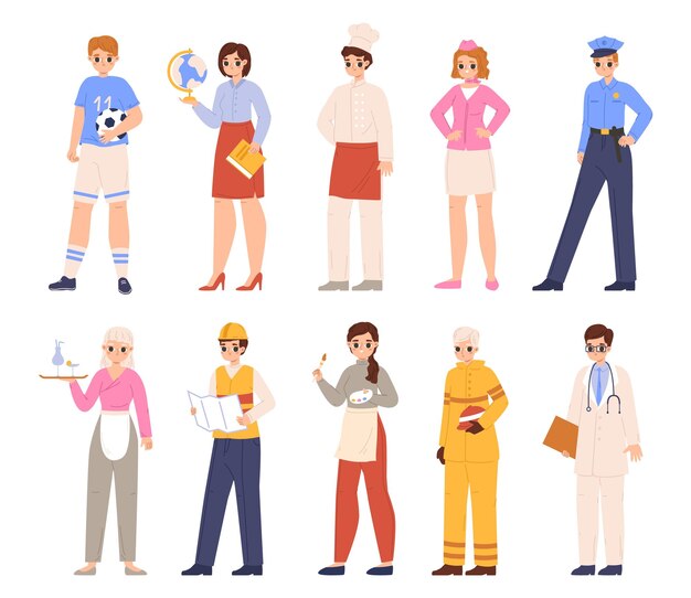 Vector various professions characters doctor and construction essential workers young adults in uniforms different occupations cartoon snugly vector people