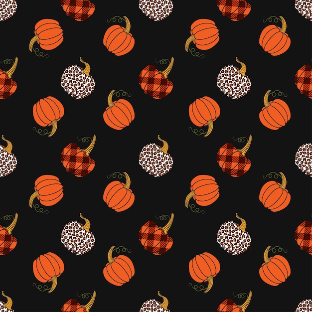 Various pumpkins on a dark background Leopard orange and buffalo plaid pumpkin