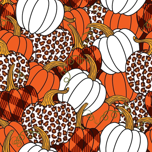 Various pumpkins Leopard orange white and buffalo plaid pumpkin Vector seamless pattern