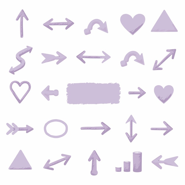 Vector various purple arrows shapes and symbols on a white background