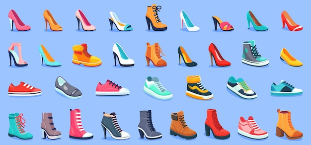 Vector various shoes in different styles and colors displayed in rows on a blue background concept of fashion shoes vector illustration