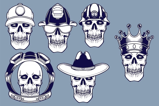 Various skull and head gear vector illustration set monochrome style