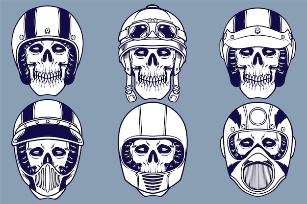 Various skull using helmet vector illustration set monochrome style