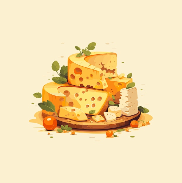 Various sorts of cheese on the table on neutral background isolated, vector illustration