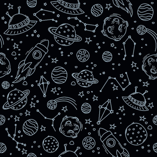 Various space objects Pattern with space on a black background