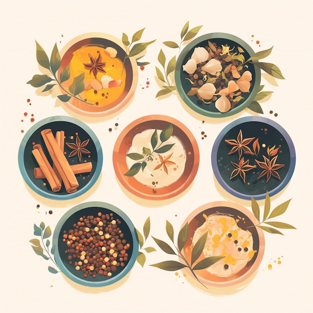 Various spices in traditional designs