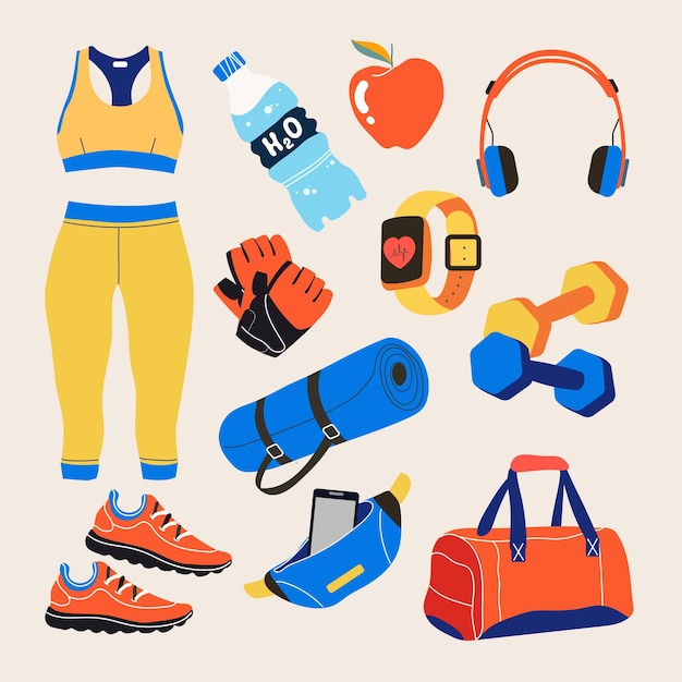 Various sports equipment. Fitness equipment, gym accessories. Dumbbells, fitness tracker, headphones