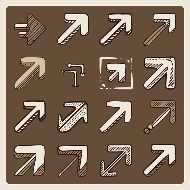 Vector various stylized arrows in a handdrawn style on a brown background