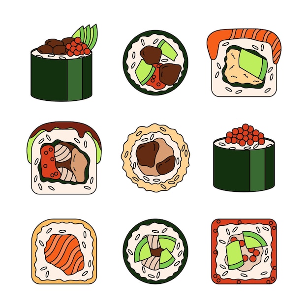 Various sushi doodle set isolated on a white background.