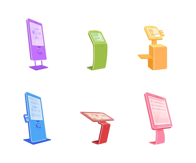 Various terminals flat color object set. Digital automats with touch screens. Self serving kiosk isolated cartoon illustration  collection