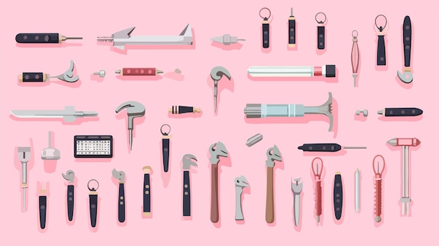 Various Tools Icons on Pink Background Vector Illustration