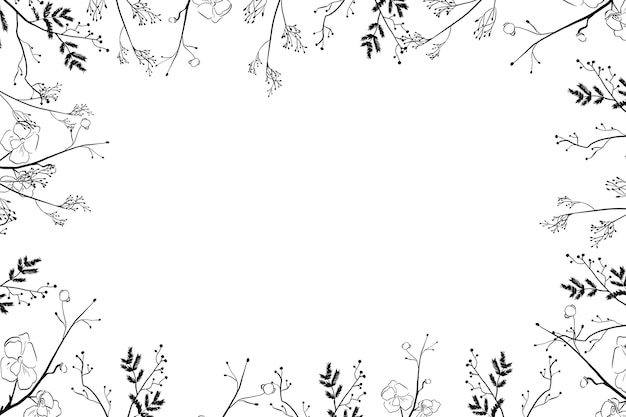 Vector various twigs with seeds and fern thin branches autumn frame in graphic style hand drawn doodles