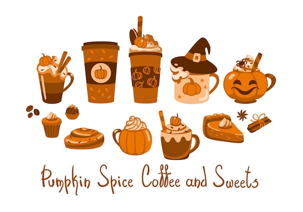 Various types of coffee with spices and sweets. Autumn mood. Set of illustrations. Vector.