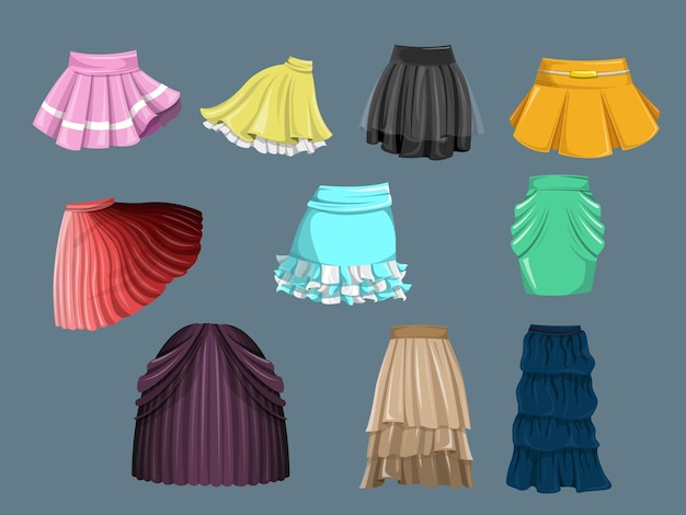 Vector various types and styles of skirts in different colours with flowy design