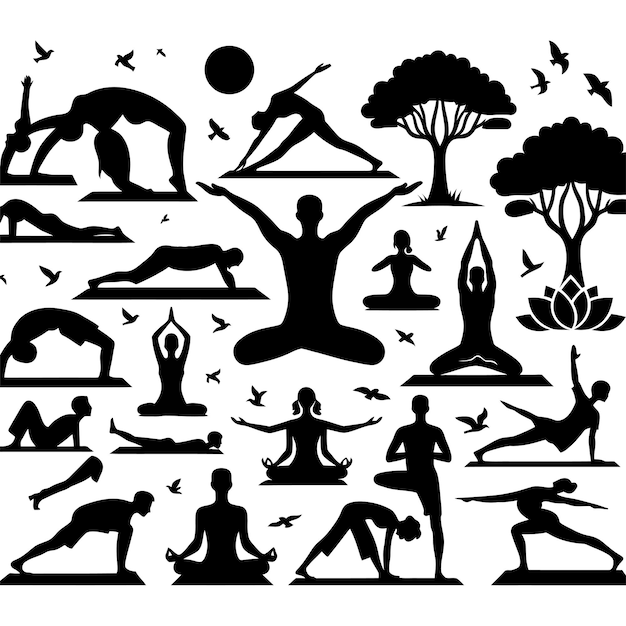 Vector various yoga poses in black and white silhouette