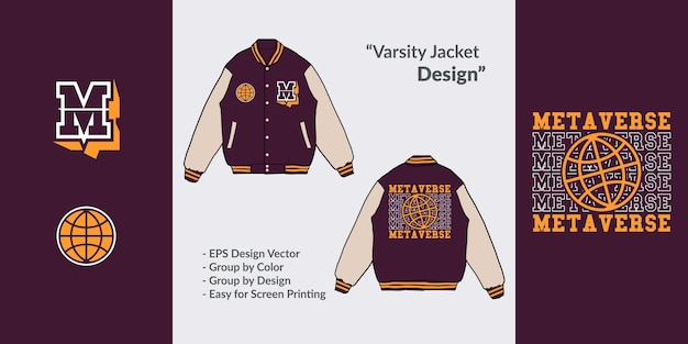 Varsity jacket embroidered premium metaverse theme street clothing design vector